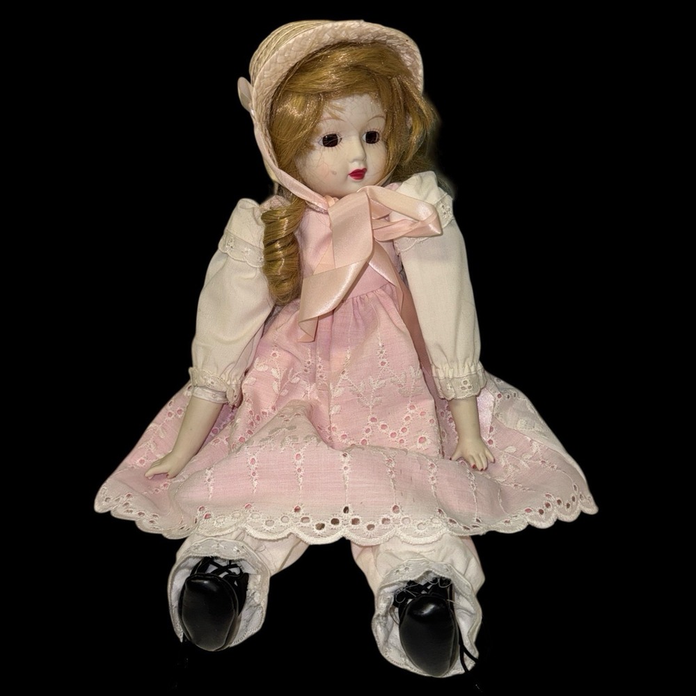 Vintage 18" Prairie Girl Porcelain Face Arms Feet Doll‎ Creepy Bonnet Pink Dress